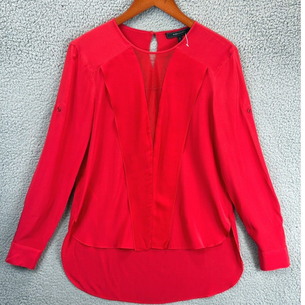 BCBGMAXAZRIA Draped High Low Blouse Shirt Womens S Red Roll Tab Sleeve Casual